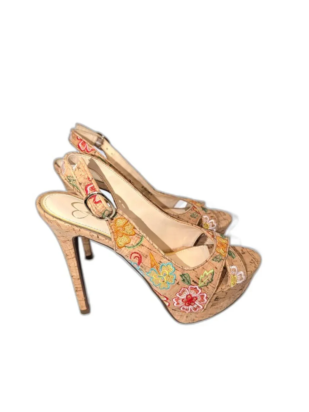 Jessica Simpson | Willey Slingback Embroidered Cork Heels Pumps | Size 6.5